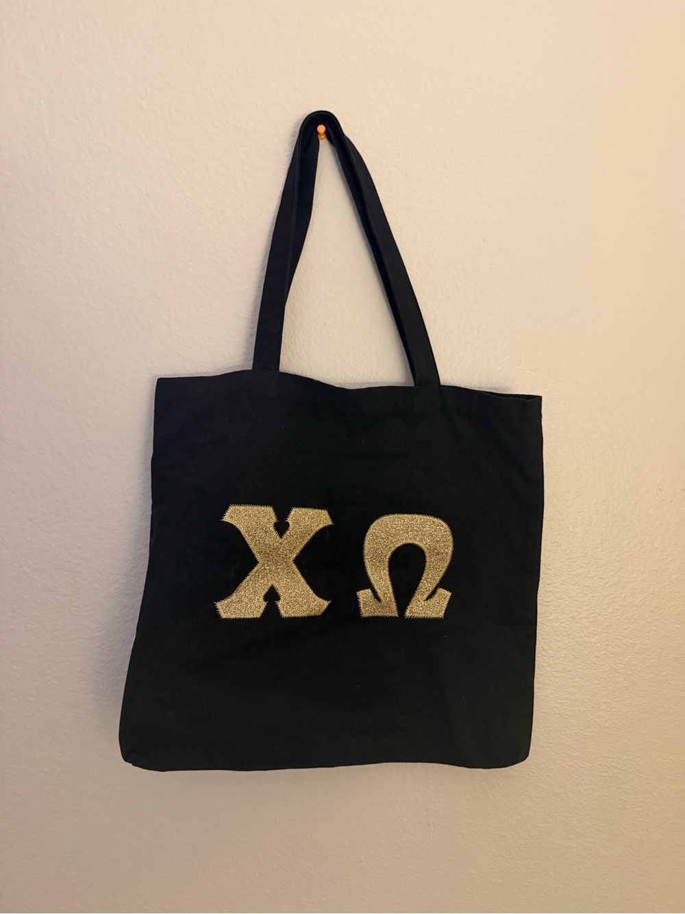 Black Tote Bag with Gold Chi Omega Letter Appliqué